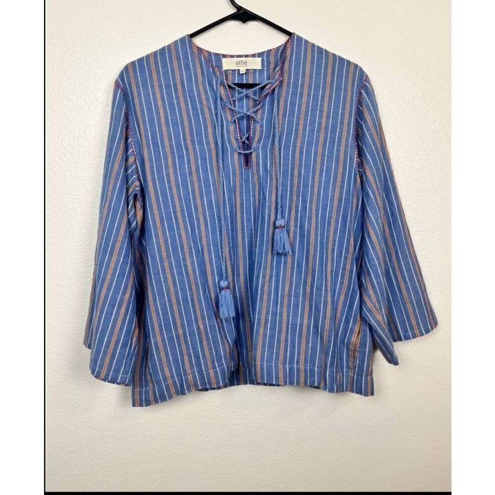 Vanessa Bruno blue striped tie neck Peasant Blouse sz 36 (US 4)